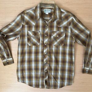 Haband Men's Tan and Brown Plaid Button Down Shirt